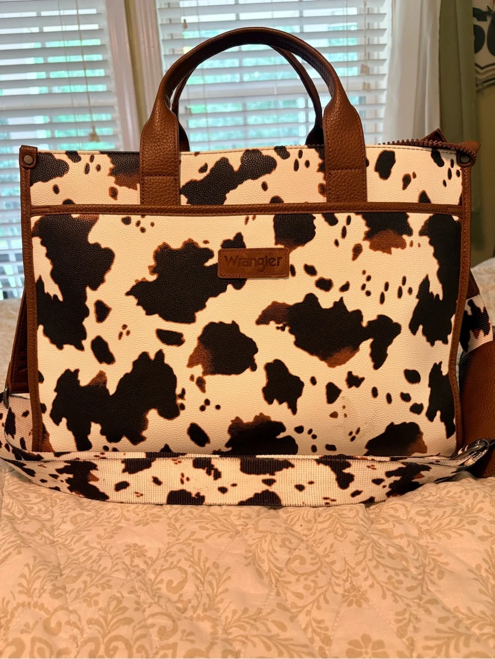 Wrangler Brown and White Cowhide Print Messenger Bag